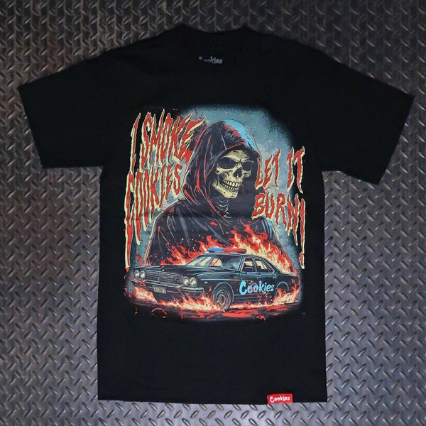 A black short-sleeve graphic t-shirt featuring a grim reaper hooded figure, a burning car, and the text 'I SMOKE COOKIES' and 'LET IT BURN' on a diamond plate background. Cookies Let It Burn T-Shirt Black CM263TSP24