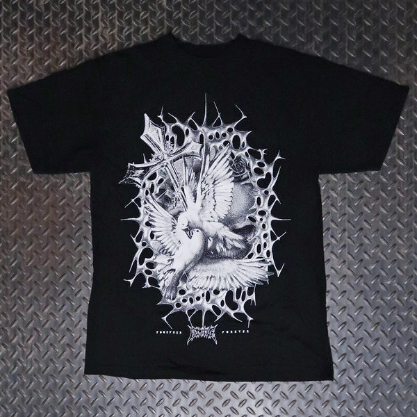 A black short-sleeve graphic t-shirt featuring a detailed white illustration of a bird bursting through a thorny, splattered design, laid flat on a textured gray diamond plate background. Primitive Together Heavyweight T-Shirt Black PAPSP2601