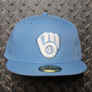 New Era Milwaukee Brewers Ball &amp; Glove 59FIFTY Fitted Hat Sky Blue White 70777178