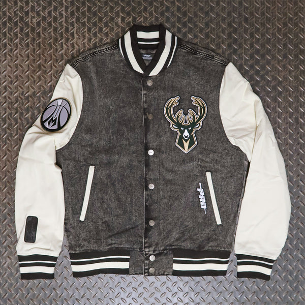 Pro Standard Milwaukee Bucks Rebel Athletics Denim Varsity Jacket Washed Black Eggshell BMB6516287-WBE