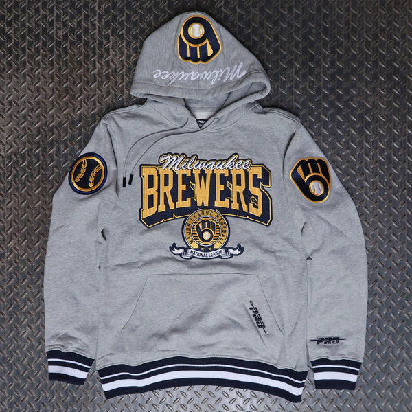 Pro Standard Milwaukee Brewers Team Badge Rib Pullover Hoodie Heather Grey Midnight Navy LMB5314924-HMN